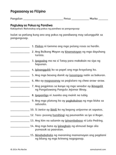 pokus ng pandiwa worksheets with answer key